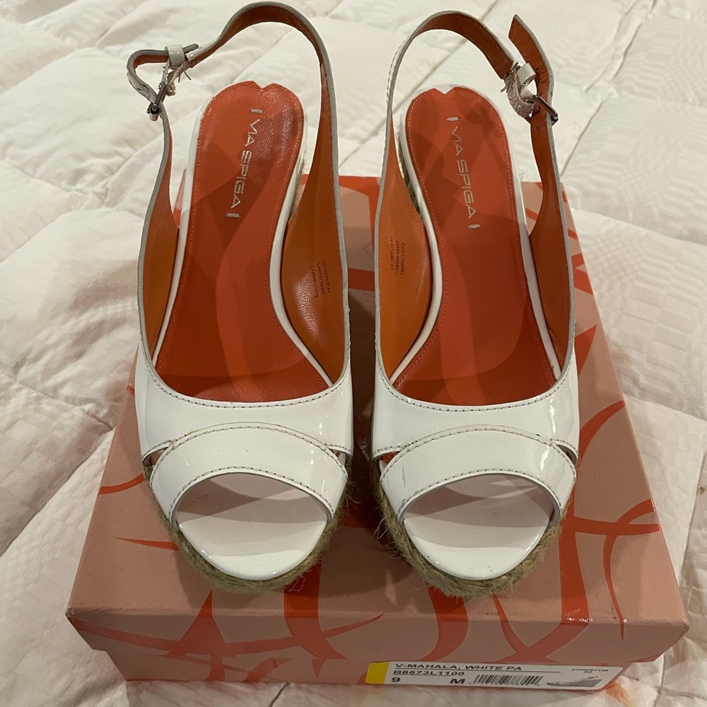 Via Spiga white patent wedge sandals